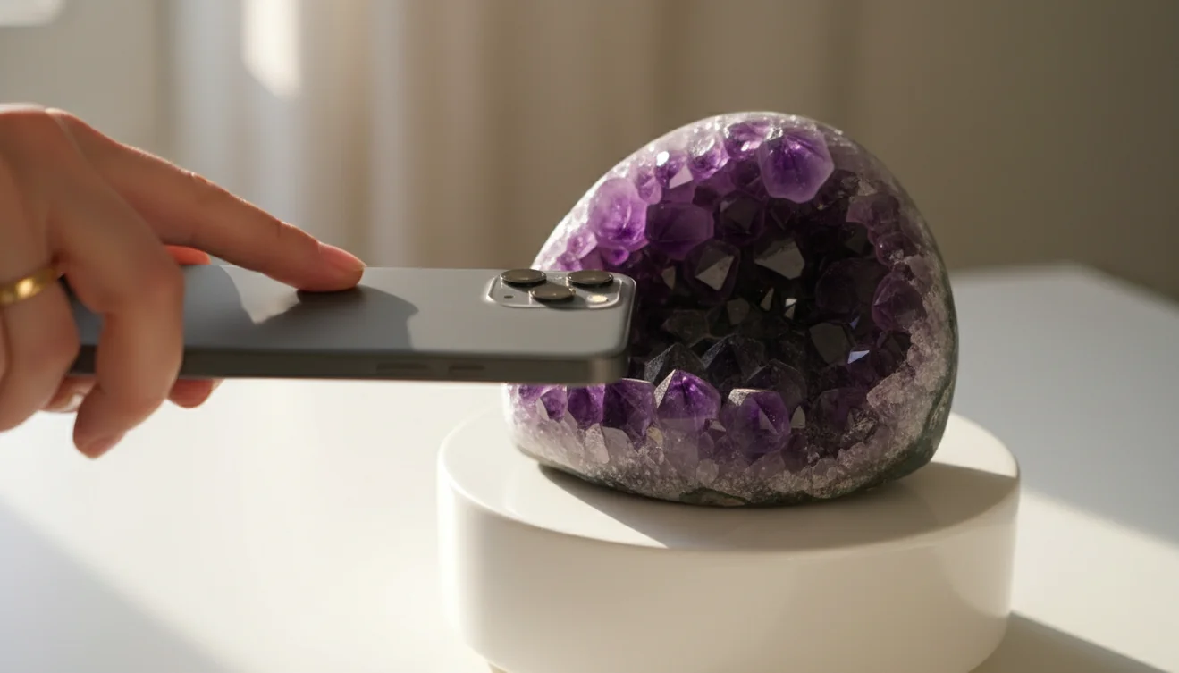 Crystal identifier app scanning an amethyst specimen
