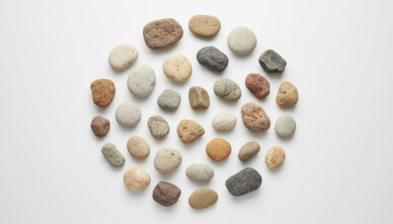 Stone identifier analyzing a diverse stone collection on white background